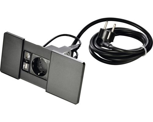 Prise de table encastrable VersaPAD simple + 2x connexions de chargement USB avec caches coulissants noir Lxl 190x90 mm avec câble de connexion 2 m