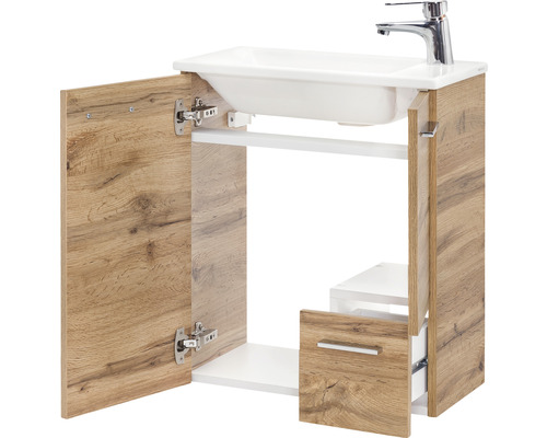 Meuble sous-lavabo avec porte et tiroir ouverts