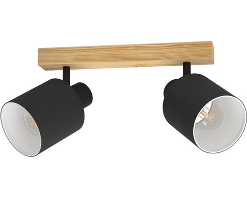 Spot de plafond acier/bois/textile 2 ampoules L 300 mm Batallas couleur bois avec abat-jour textile noir intérieur blanc