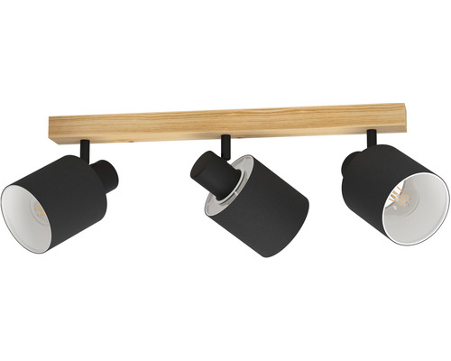 Spot de plafond acier/bois/textile 3 ampoules L 480 mm Batallas couleur bois avec abat-jour textile noir intérieur blanc