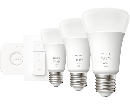 Ampoules Philips hue White Starter-Set 3x A60 E27/9,5W(75W) 1100 lm 2700 K avec passerelle + variateur - Compatible avec SMART HOME by hornbach