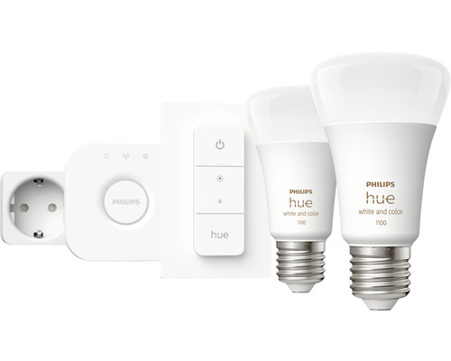 Ampoule Philips hue White & Color Ambiance Starter-Set 2x E27/9W 1100 lm RVBB 2000- 6500 K avec passerelle + variateur + Smart Plug - Compatible avec SMART HOME by hornbach Kit de démarrage Philips Hue avec deux ampoules, un variateur et un pont