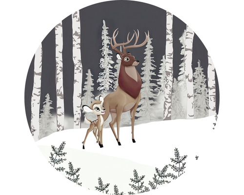 Papier peint panoramique autocollant DD1-014 Dot Disney Bambi Great Prince Ø 125 cm Illustration d''un cerf et d''un faon dans une forêt hivernale