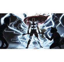 Illustration von Thor, Groot und Rocket von Marvel Comics, umgeben von Blitzen.