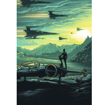 Illustration einer fiktiven Weltraumszene mit Raumschiffen und einer Person auf einem Felsen.