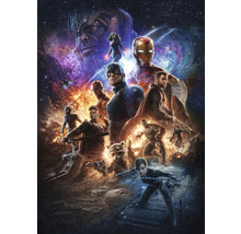 Avengers: Endgame Filmplakat mit verschiedenen Superhelden vor einem kosmischen Hintergrund.