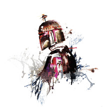 Illustration einer Science-Fiction-Figur mit Helm und Farbspritzern