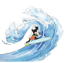 Mickey Mouse auf einem Surfbrett vor einer Welle