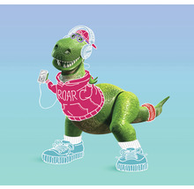 Illustration eines grünen Dinosauriers mit Kopfhörern, Mütze, Turnschuhen und einem Sweatshirt mit der Aufschrift ROAR, der Musik hört.