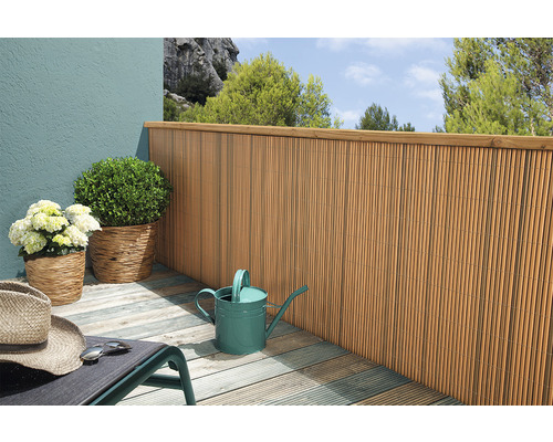 Scène de balcon avec clôture en bambou, plantes et arrosoir