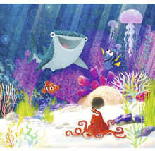 Illustration einer Unterwasserwelt mit Nemo, Dorie, Bailey, Quetschie und Hank