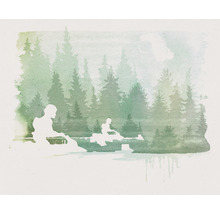 Illustration von Personen in Kanus vor einem Wald