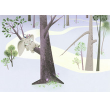 Illustration einer Waldszene mit einem Elefanten und einer Figur auf einem Baum