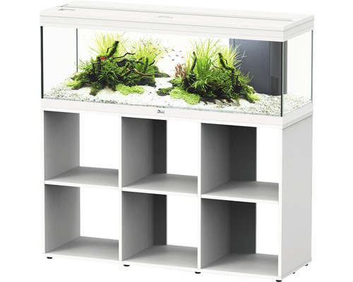 Kit complet d'aquarium aquatlantis Prestige 120 armoire ouverte blanc Combinaison d''aquarium avec meuble bas et six étagères pour la décoration