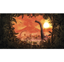 Szene mit Dinosauriern, Vulkan und tropischer Vegetation
