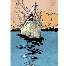 Illustration eines Ozeandampfers auf dem Wasser vor einer Stadtkulisse