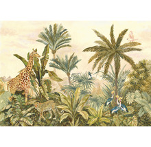 Illustration einer Dschungelszene mit Giraffe, Leopard und verschiedenen Vogelarten