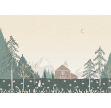 Illustration einer ländlichen Szene mit Scheune, Bäumen, Bergen und einer Katze