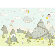 Illustration einer Landschaft mit Bergen, Tieren und Ballons