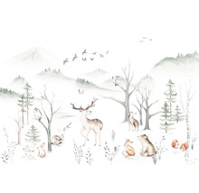 Illustration einer Waldlandschaft mit Wildtieren wie Hirsch, Bär und Eule