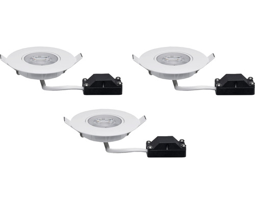 Trois spots encastrables LED avec cadre blanc et boîtier de raccordement noir