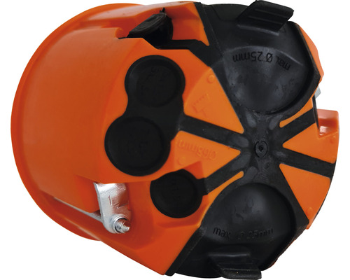 Elektroinstallationsdose von unten mit Aussparungen für Kabel bis maximal 25 mm Durchmesser