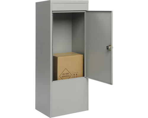 Boîte à colis métallique avec porte ouverte et carton