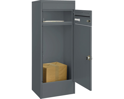 Grauer Paketbriefkasten mit geöffneter Tür und Paket