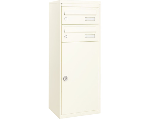 MEFA Paketbriefkasten Stahl pulverbeschichtet BxHxT 410/1025/325 mm Mana 482 Reinweiß RAL 9010 semimatt Entnahme vorne 3-fach mit 2 Namensschildern Freistehender Briefkasten mit zwei Fächern und abschließbarer Tür