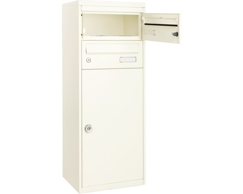 Boîte aux lettres sur pied avec compartiment à journaux et porte de retrait ouverte.