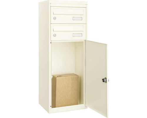 Boîte aux lettres à colis avec deux compartiments et un compartiment à colis contenant une boîte en carton
