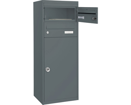 Boîte aux lettres grise autoportante avec compartiment à colis et compartiment à journaux