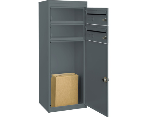 Boîte à colis grise avec porte ouverte et colis