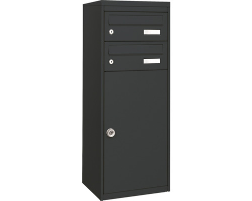 MEFA Paketbriefkasten Stahl pulverbeschichtet BxHxT 410/1025/325 mm Mana 482 Schwarzgrau RAL 7021 semimatt Entnahme vorne 3-fach mit 2 Namensschildern Briefkastenanlage mit zwei Briefkästen und einem Zeitungsfach
