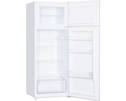 Réfrigérateur blanc ouvert avec compartiment congélateur