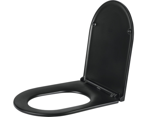 Schwarzer Toilettensitz aus Kunststoff, hochgeklappt