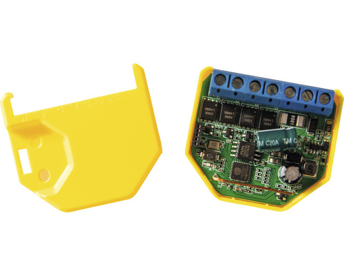 Intelligenter Schalter mit gelber Abdeckung, Einblick in die Elektronik