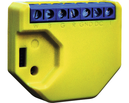 Gelbe Steuerungseinheit mit blauen Anschlüssen für elektronische Geräte