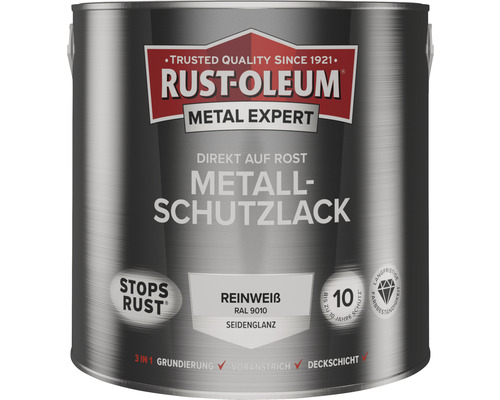 Laque de protection pour métal RUST OLEUM METAL EXPERT mat satiné RAL9010 blanc pur 2,5 l
