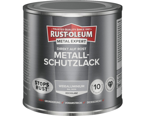 Laque de protection pour métal RUST OLEUM METAL EXPERT haute brillance RAL9006 blanc aluminium 250 ml