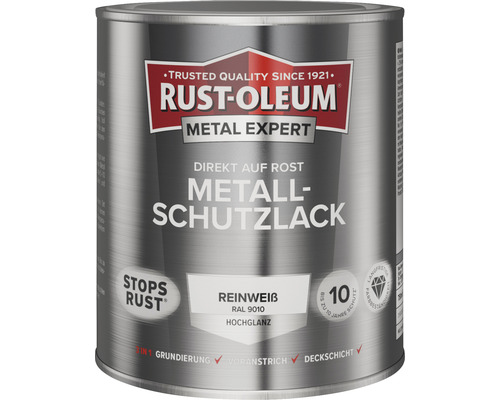 Laque de protection pour métal RUST OLEUM METAL EXPERT haute brillance RAL9010 blanc pur 750 ml