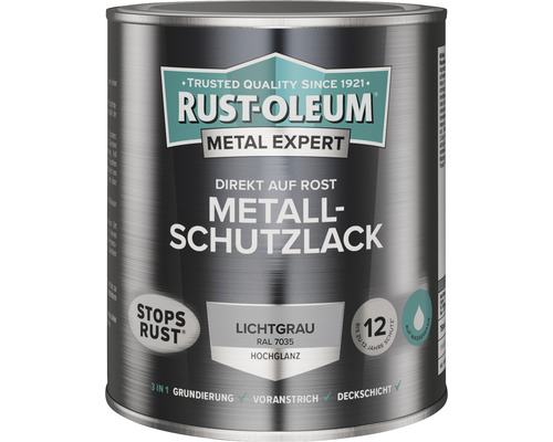 Laque de protection pour métal RUST OLEUM METAL EXPERT haute brillance à base d'eau RAL7035 gris clair 750 ml