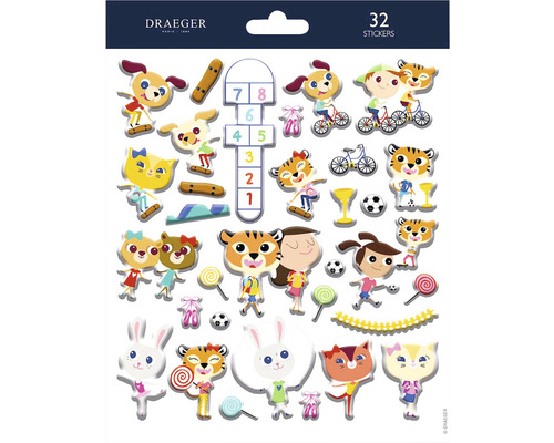Feuille de 32 autocollants avec des motifs d''animaux, de sport et de jeux