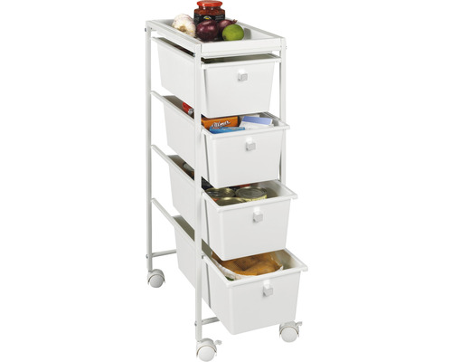 Chariot à roulettes avec quatre tiroirs et des aliments