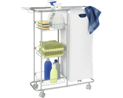 Chariot de nettoyage avec trois paniers de rangement et sac à linge