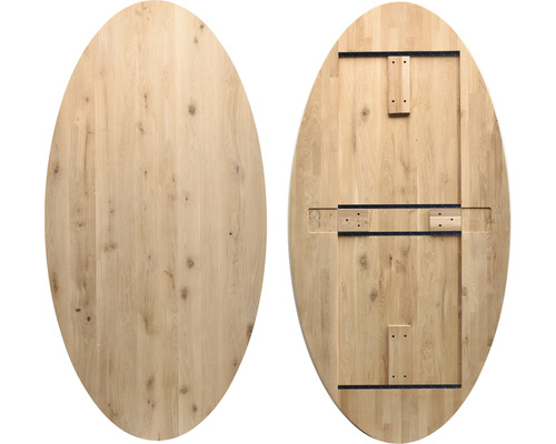Tischplatte Eiche oval unbehandelt 3000 x 1100 x 40 mm Tischplatte aus Holz, ovale Form, Ansicht von Ober- und Unterseite