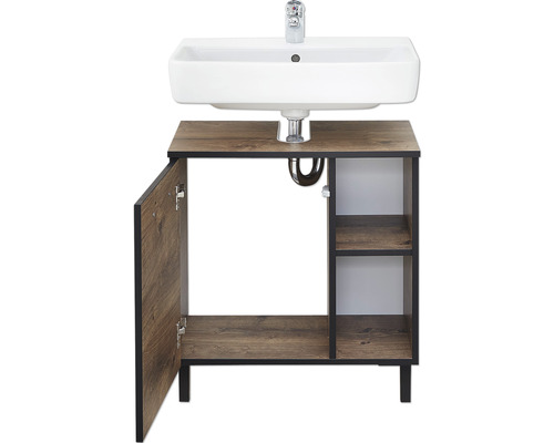 Meuble-lavabo avec armoire ouverte et lavabo blanc