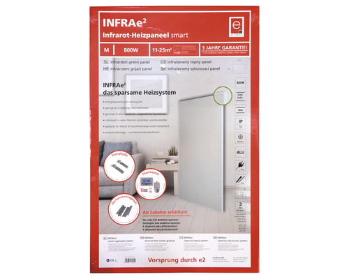 Verpackung eines Infrarot-Heizpaneels mit Informationen zu Leistung, Flächenabdeckung und Garantie