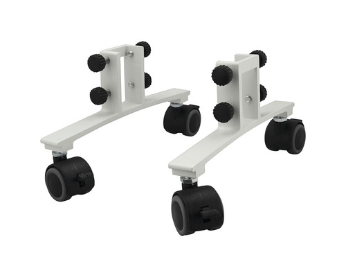 Zwei weiße, verstellbare Maschinenfüße mit Rollen