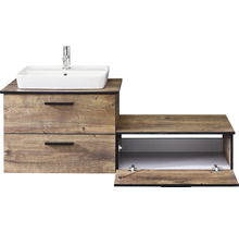 Meuble sous-lavabo avec lavabo, deux tiroirs et un compartiment ouvert en décor bois